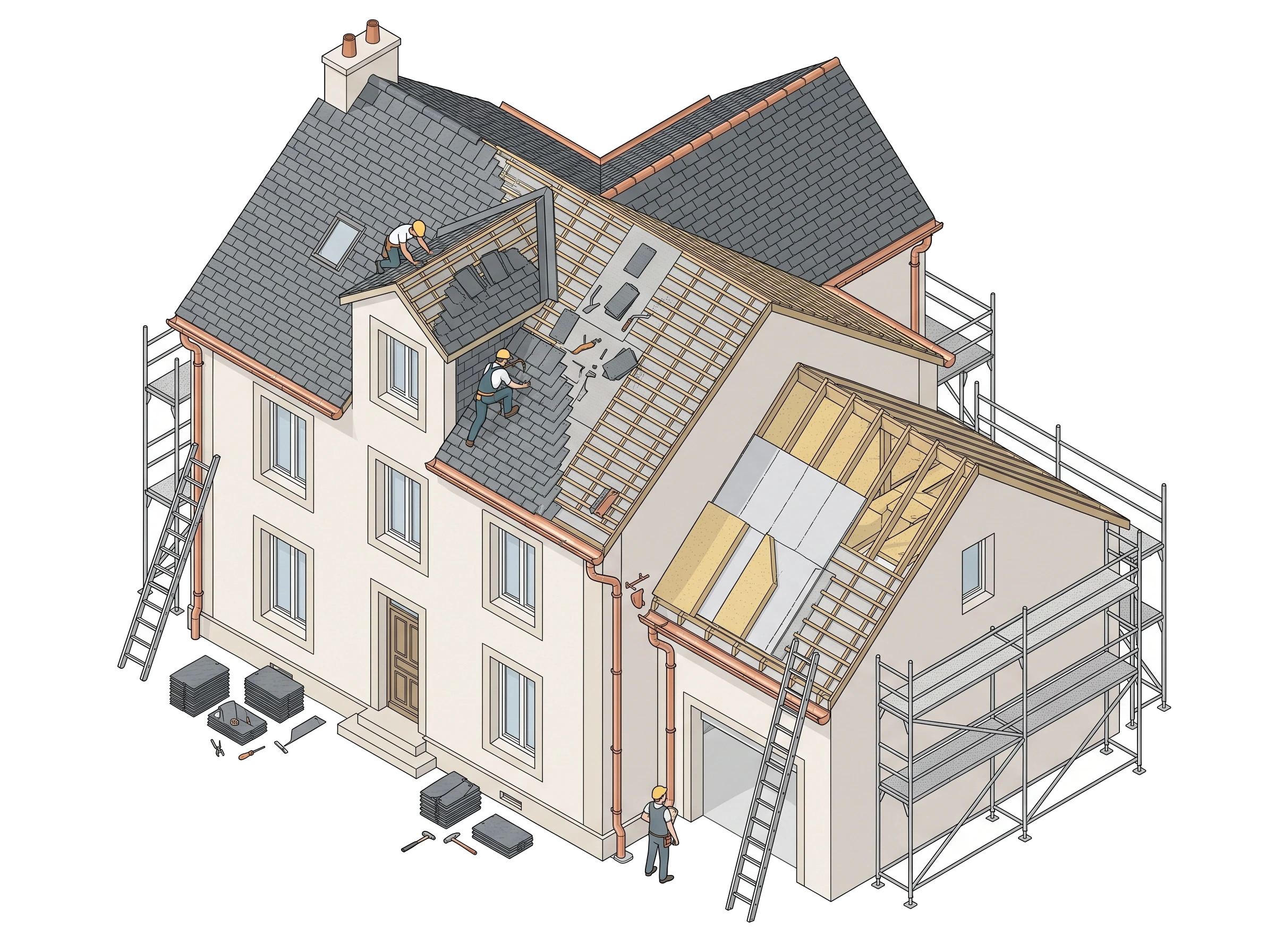 Illustration des interventions : Réfection de couverture, Zinguerie et gouttières